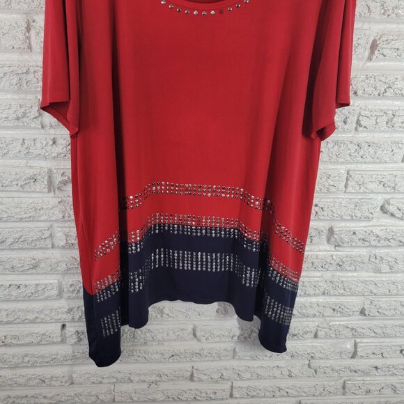 Coral Bay Womens Top 2X Plus Tee Short Sleeve Red Blue Studded Asymmetric RED27E - Picture 4 of 7